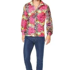 Hippie Flower Power Men's Shirt - Pink Tropical Print [Size: XL]